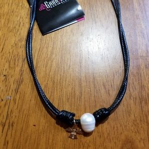 Leather Choker with Pearl & Gold Angel